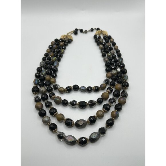 Stunning TRIFARI Black Iridescent Glass 4 Strand Beaded Necklace 15-17” - Picture 3 of 11